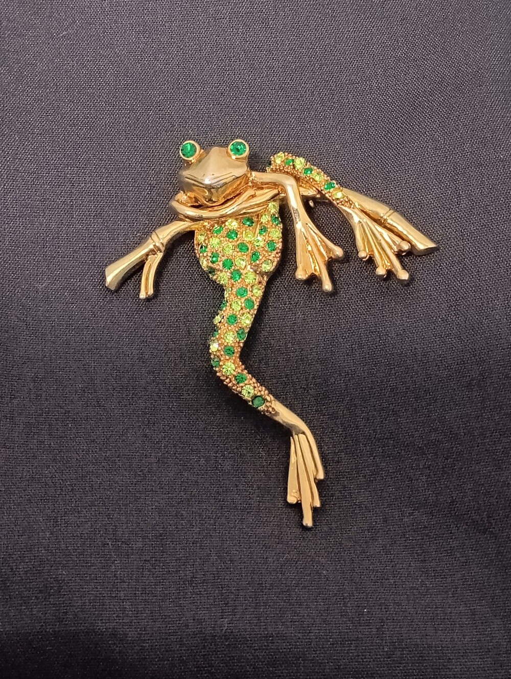 Gold Tone And Crystal Green Frog Brooch